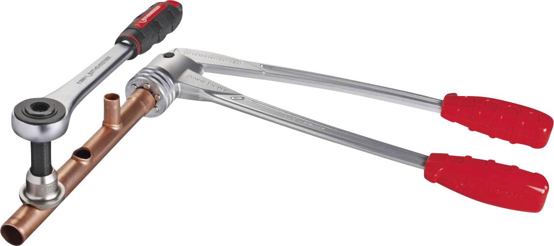 A tube expander tool with red handles is gripping a copper pipe, likely used for plumbing to widen the pipe end for fittings.