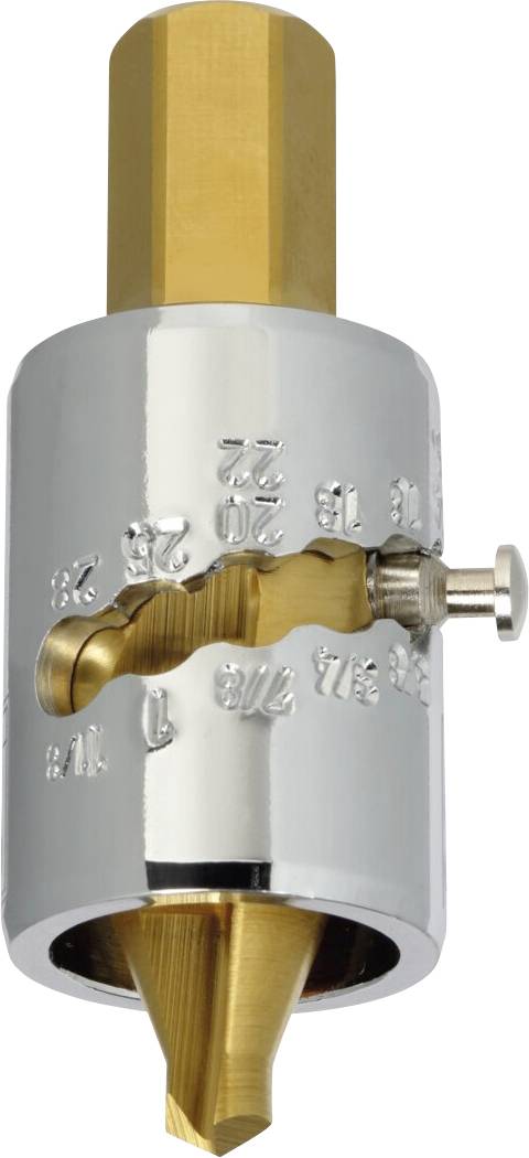 A silver and gold step drill bit with engraved size markings and a screw lock, used for drilling holes of various diameters.