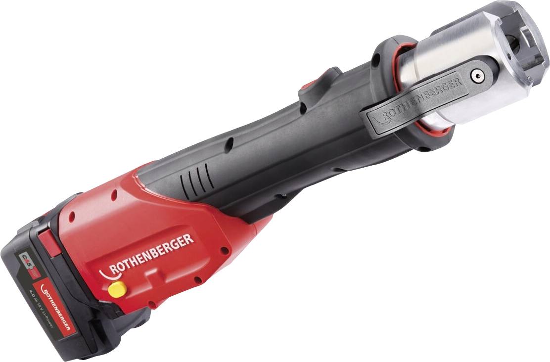 A red and black handheld power tool with a metal component at the front, labeled 'ROTHENBERGER', used for pipe fitting tasks.