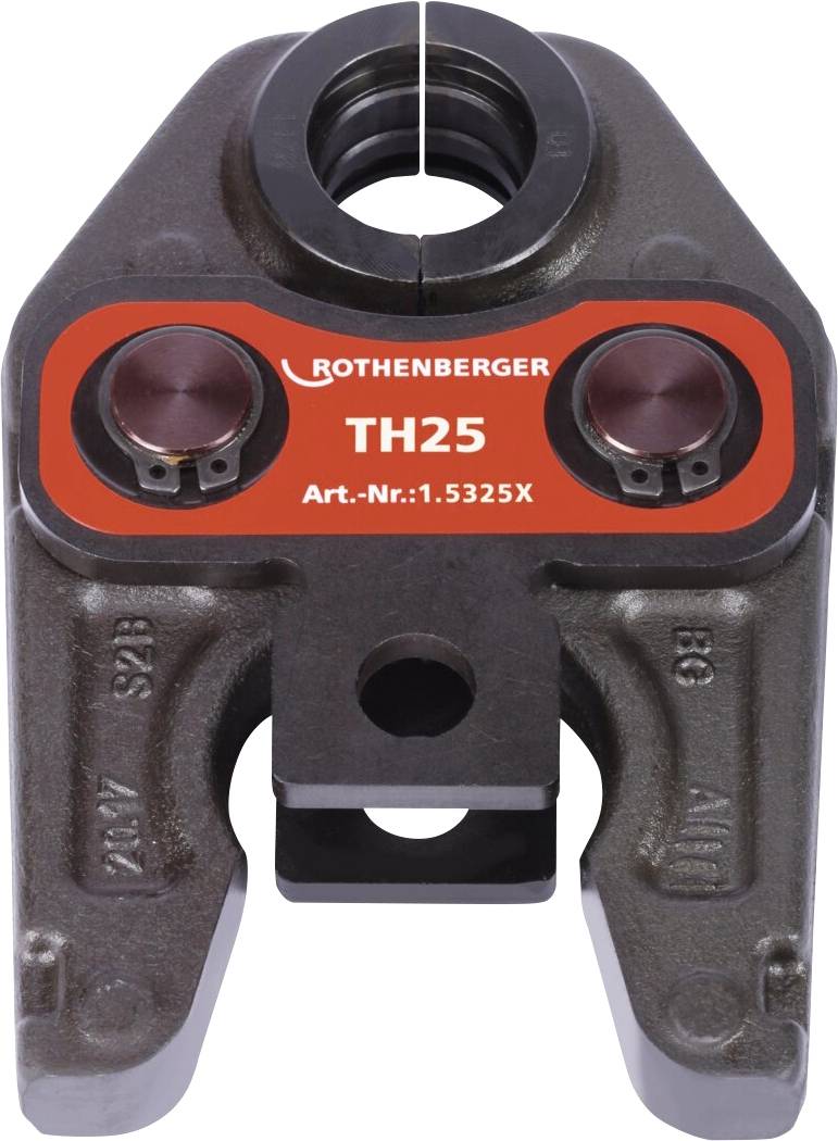'Rothenberger TH25', a heavy-duty metal hydraulic press jaw with model information on the front and a central opening for crimping.