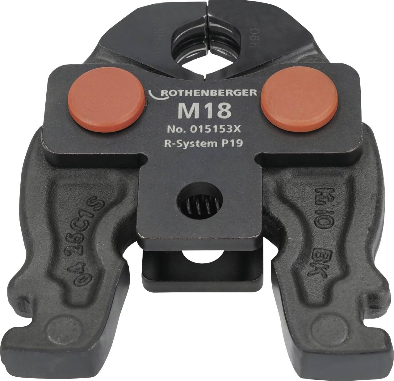 'Rothenberger M18' pipe jaw tool with red accents, labeled 'No. 015153X' and 'R-System P19', used for crimping pipes.