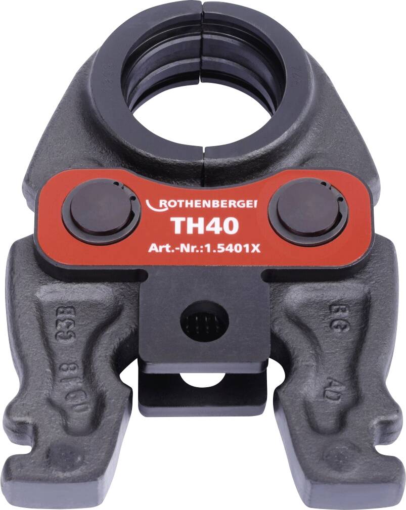 A gray Rothenberger pipe clamp labeled 'TH40', with part number 1.5401X, used for plumbing and fittings.