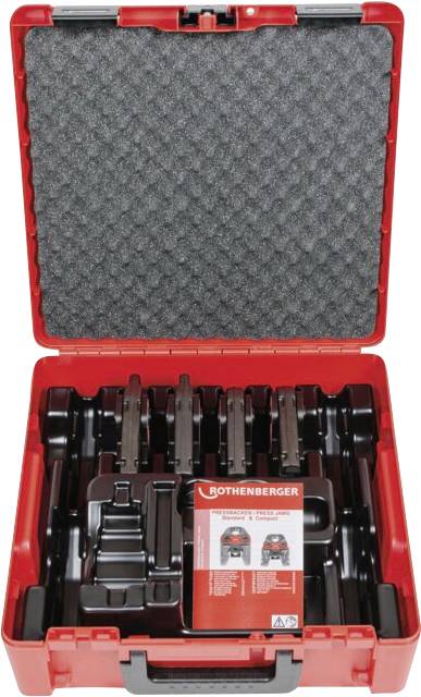 Red toolbox containing various black tool holders with a 'Rothenberger' manual on top. The case interior is foam-lined for protection.