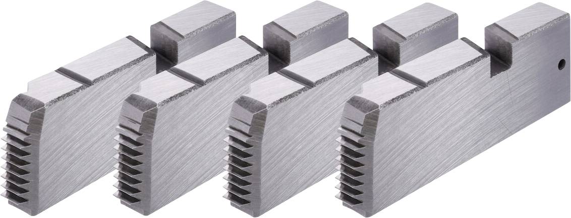 Four metal jaws with grooves and rectangular shapes, aligned in a row, designed for gripping objects in machining or clamping tools.