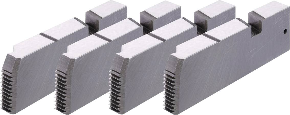Four rectangular metal pieces with serrated edges aligned in a row, showcasing uniformity and precision in design.
