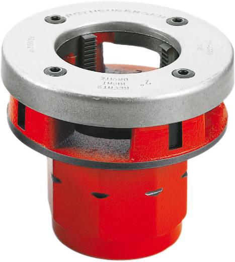 A red and silver pipe threading die with visible threading mechanism, used for cutting threads on pipes.