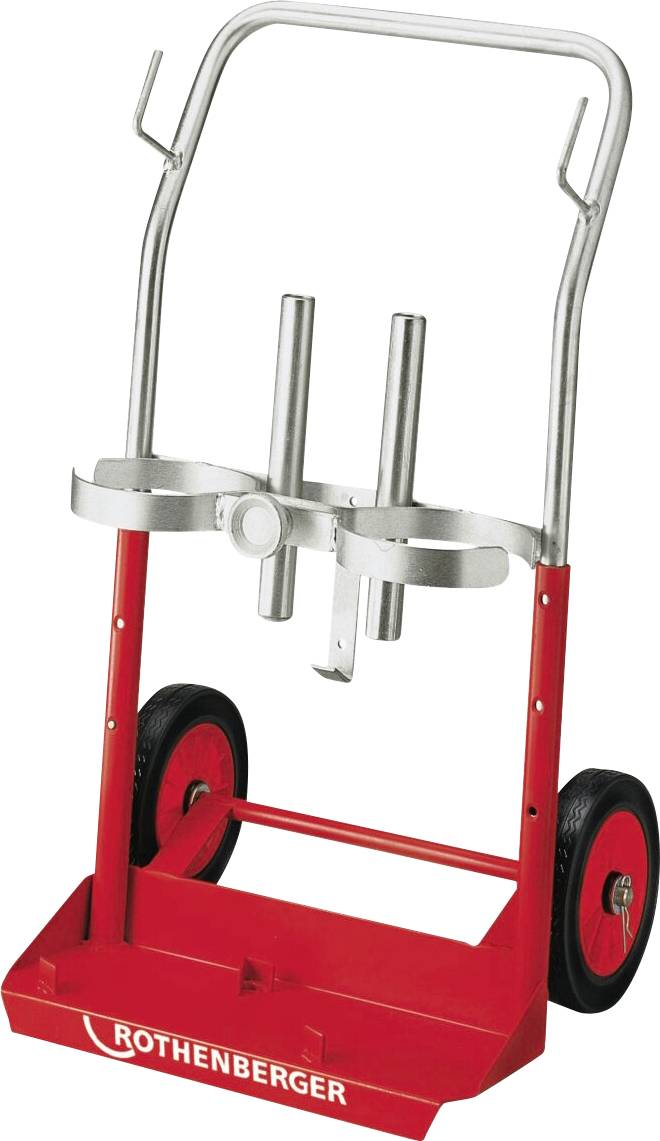 Red and silver equipment trolley with two large black wheels, used for holding and transporting gas cylinders, branded 'Rothenberger'.