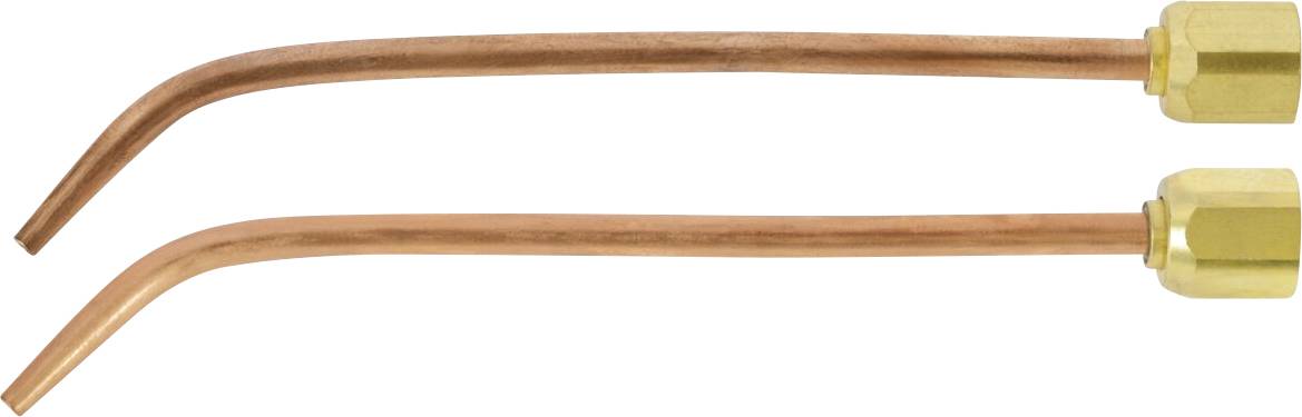 Two copper pipes with angled ends, each attached to a brass fitting.