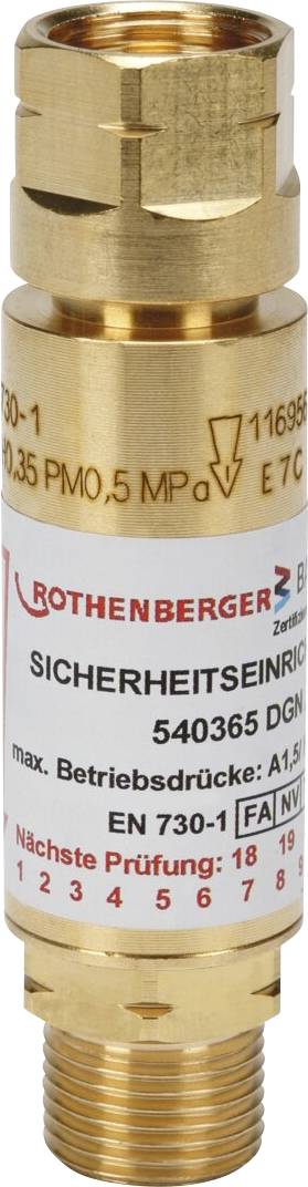 A brass gas safety valve with text: 'Rothenberger', 'Sicherheitseinrichtung 540365 DGN', 'max. Betriebsdruck: A1,5', 'EN 730-1'.