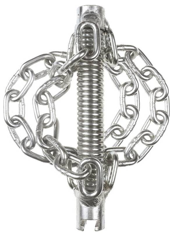 A metallic spring wrapped with interconnected chains, creating a complex, abstract design. The image focuses on texture and industrial aesthetics.