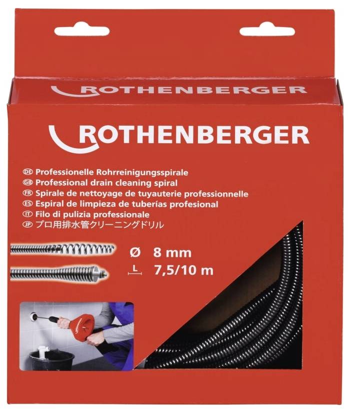 The image shows a red boxed product labeled 'ROTHENBERGER,' containing a professional drain cleaning spiral, with specifications: 8 mm diameter, 7.5/10 meters.
