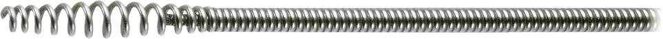 A tightly coiled metal spring, horizontally positioned, reflecting light with a shiny surface against a plain background.