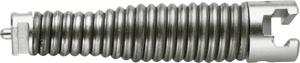 A close-up of a metal helical spring with a hook-like end, used in mechanical applications for tension or compression.
