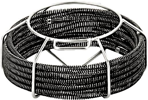 A coiled, black wire object is encased in a silver circular frame featuring a handle-like structure on one side.