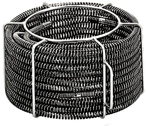 A coiled metal garden hose neatly organized in a circular arrangement, secured with metal clasps.
