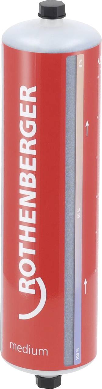 A red Rothenberger gas cylinder labeled 'medium' with a pressure indicator strip that shows varying pressure levels in colors.