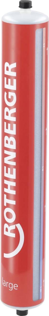 A red Rothenberger MAPP gas cylinder with a black nozzle, used for high-temperature heating applications in plumbing and HVAC work.