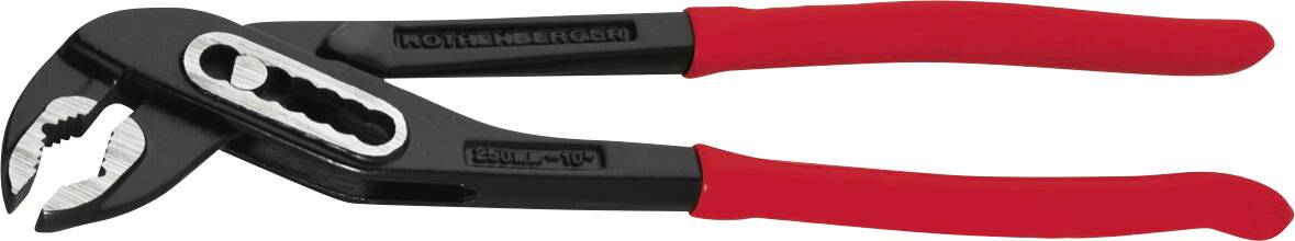 Red-handled adjustable pliers with a black metal body, designed for gripping and turning pipes or similar objects.