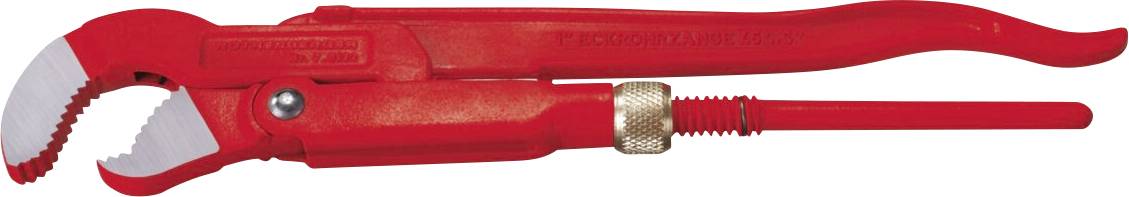 Red pipe wrench with an adjustable jaw and textured grip, used for tightening and loosening pipes and fittings.