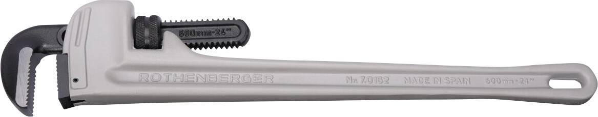 A large adjustable pipe wrench with a gray metallic finish, featuring a serrated jaw for gripping pipes, against a white background.