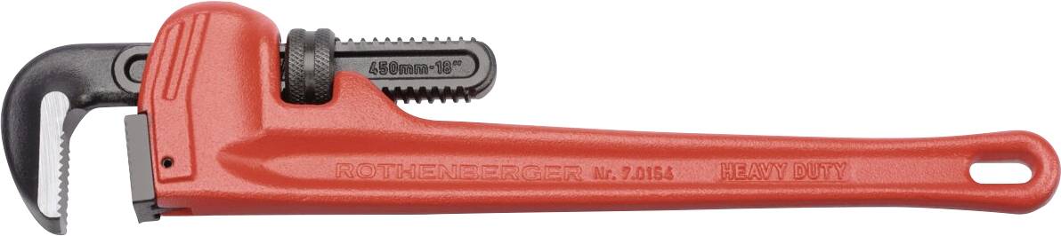 Red heavy-duty pipe wrench with a black adjustable jaw, marked with branding and model number on the handle.