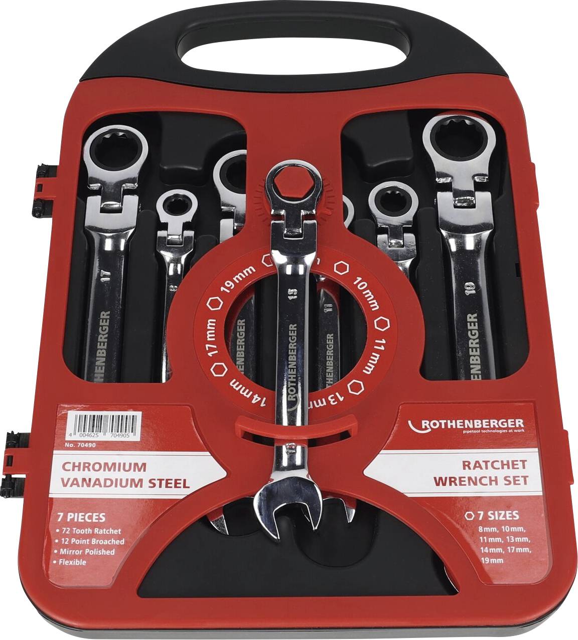 Rothenberger ratchet wrench set with 7 pieces shown in a black and red case. Sizes range from 8mm to 19mm, made of chromium vanadium steel.