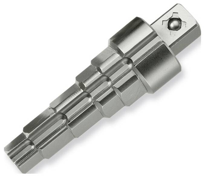 A shiny, hexagonal metal adapter with a square end and a rounded tip, designed for changing socket sizes in a toolset.