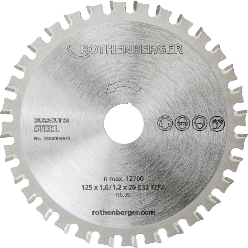 A circular saw blade with the brand name 'ROTHENBERGER' and specifications: 125 x 1.6/1.2 x 20 Z 32, for steel cutting, max 12700 RPM.