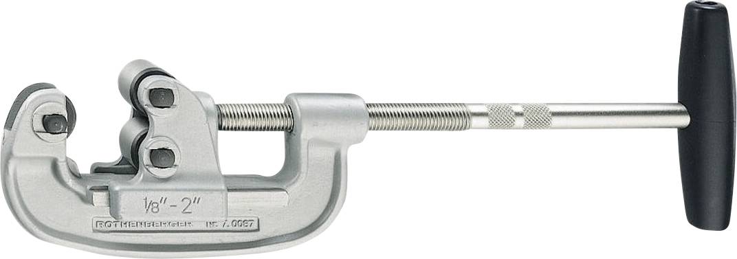 A handheld pipe cutter with adjustable blade and handle, designed for cutting pipes between 1/8 inch and 2 inches in diameter.