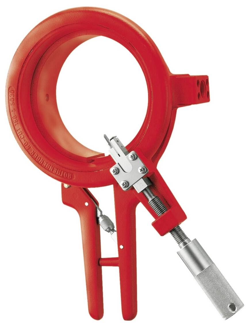 Red pipe clamp with a metallic adjustment mechanism, used for securing and stabilizing pipes. Suitable for construction or plumbing tasks.