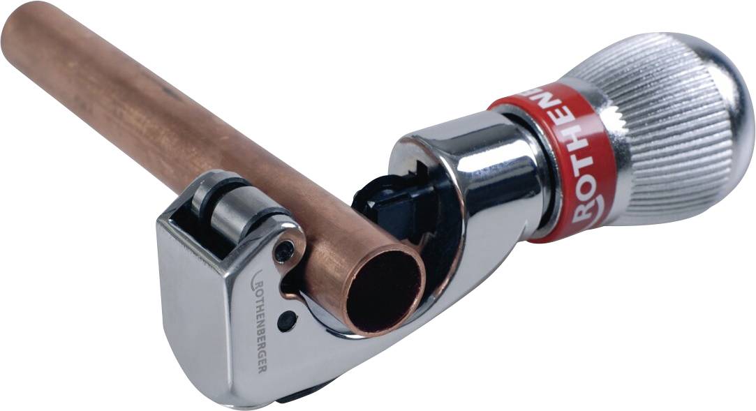 A pipe cutter showing a copper pipe being cut, with the brand 'Rothenberger' visible on the handle.