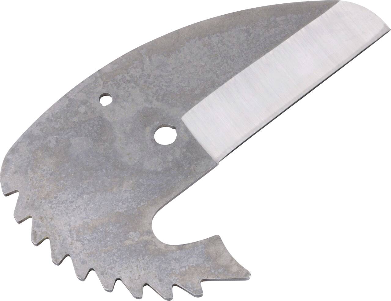 A metallic, semi-circular blade with jagged teeth and two circular holes, possibly part of a tool or device for cutting or sawing.
