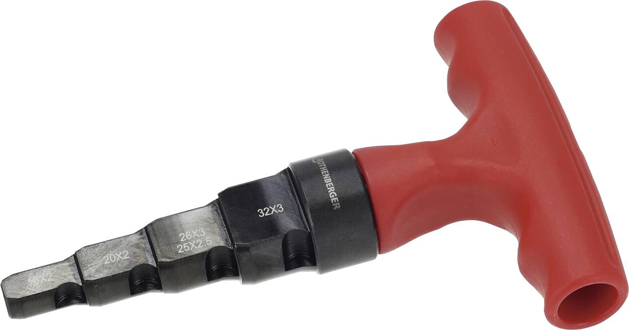 A red-handled reamer tool with various sized cutting edges used for widening holes.