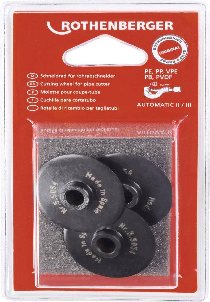 'Rothenberger' branded pack containing three cutting wheels for a pipe cutter. Packaging highlights use for PE, PP, VPE, PB, PVDF pipes.