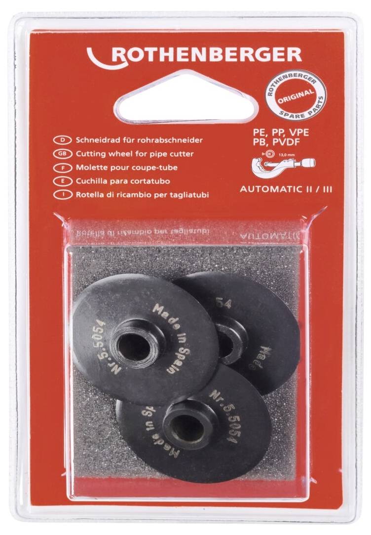 'ROTHENBERGER' branded packaging containing three pipe cutter wheels labeled 'Made in PRC'. Suitable for PE, PP, VPE, PB, PVDF.