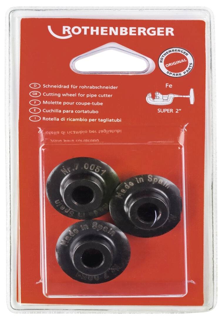 Package of Rothenberger cutting wheels for pipe cutters, containing four wheels labeled 'Made in Spain,' with multilingual packaging text.