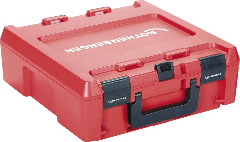 A red plastic tool case with a handle, featuring a logo that reads 'Rothenberger' on the lid.