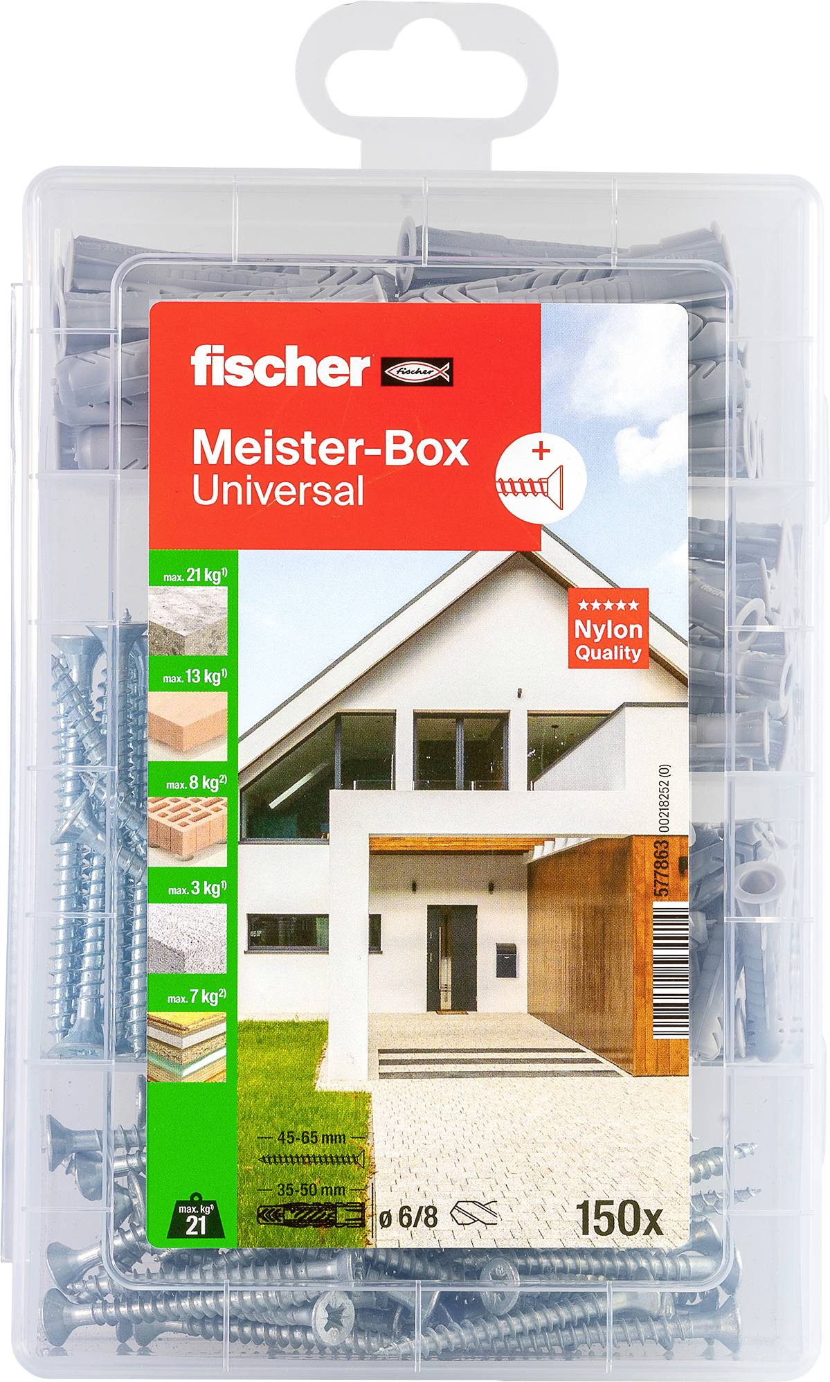 A clear plastic box labeled 'Meister-Box Universal' containing 150 Fischer screws and plugs, featuring an image of a modern house.