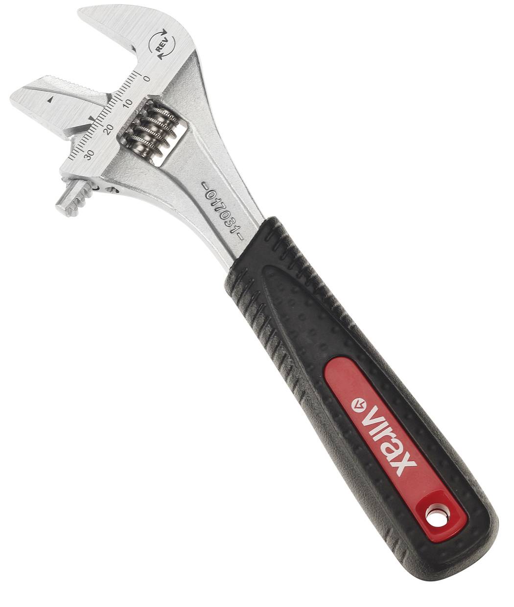 Adjustable wrench with black and red 'virax' handle, shown on a white background.