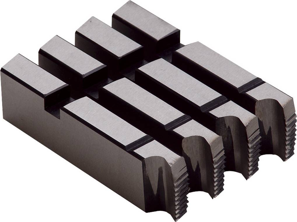 A dark metal three-jaw chuck or clamp component with stepped rectangular jaws, shown isolated on a white background.