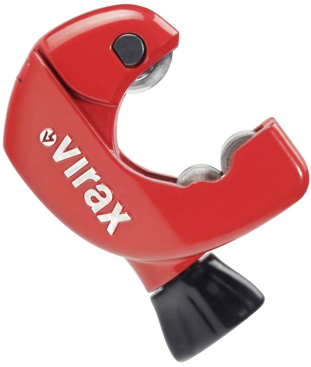 Red Virax pipe cutter with black adjustment knob, shown isolated on a white background.