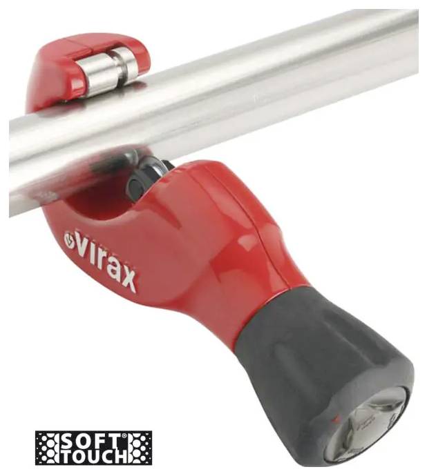 Red Virax pipe cutter gripping a metal pipe, with 'SOFT TOUCH' label visible.