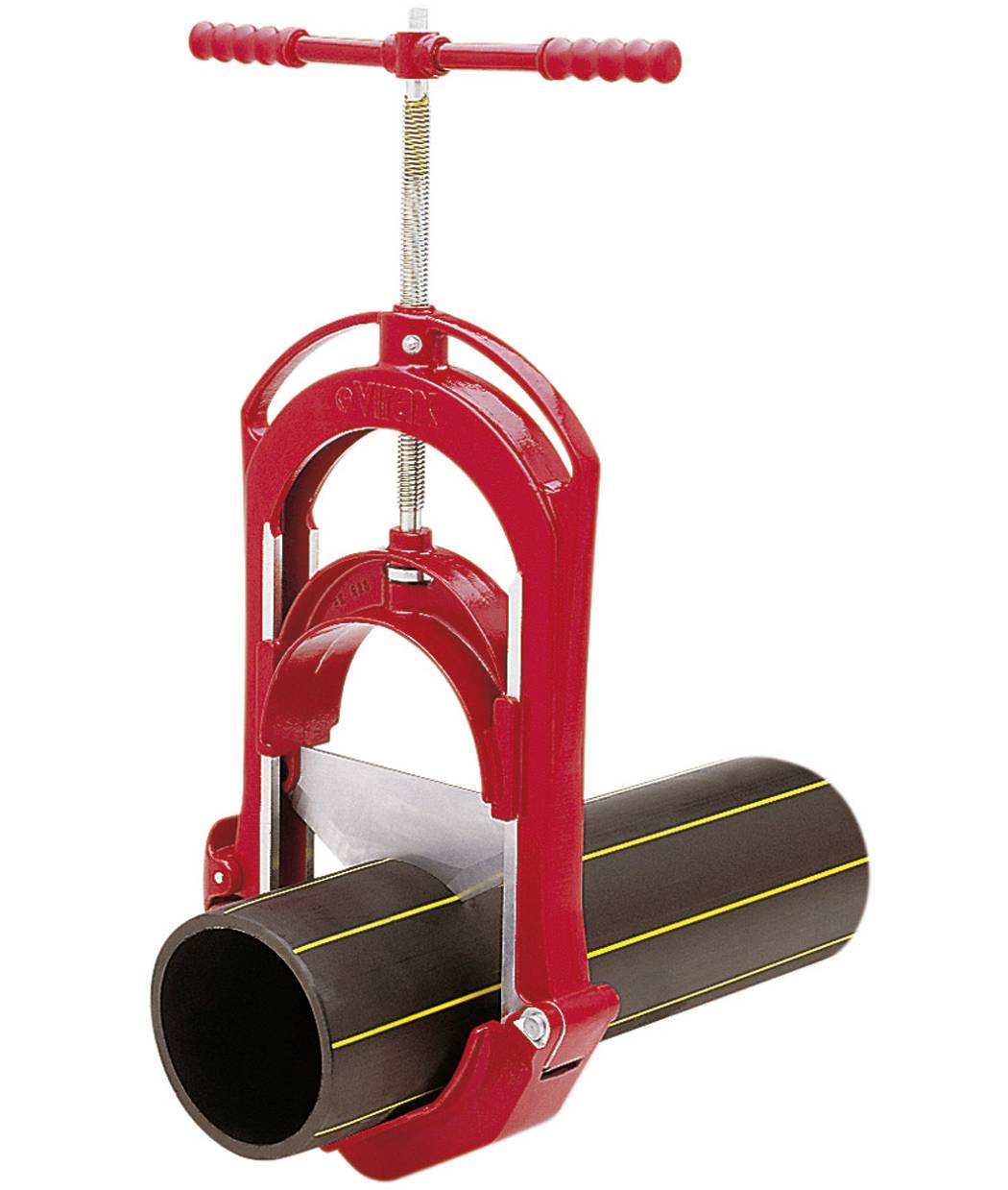Red pipe cutter clamped around a black plastic pipe, with a threaded handle for tightening and cutting.
