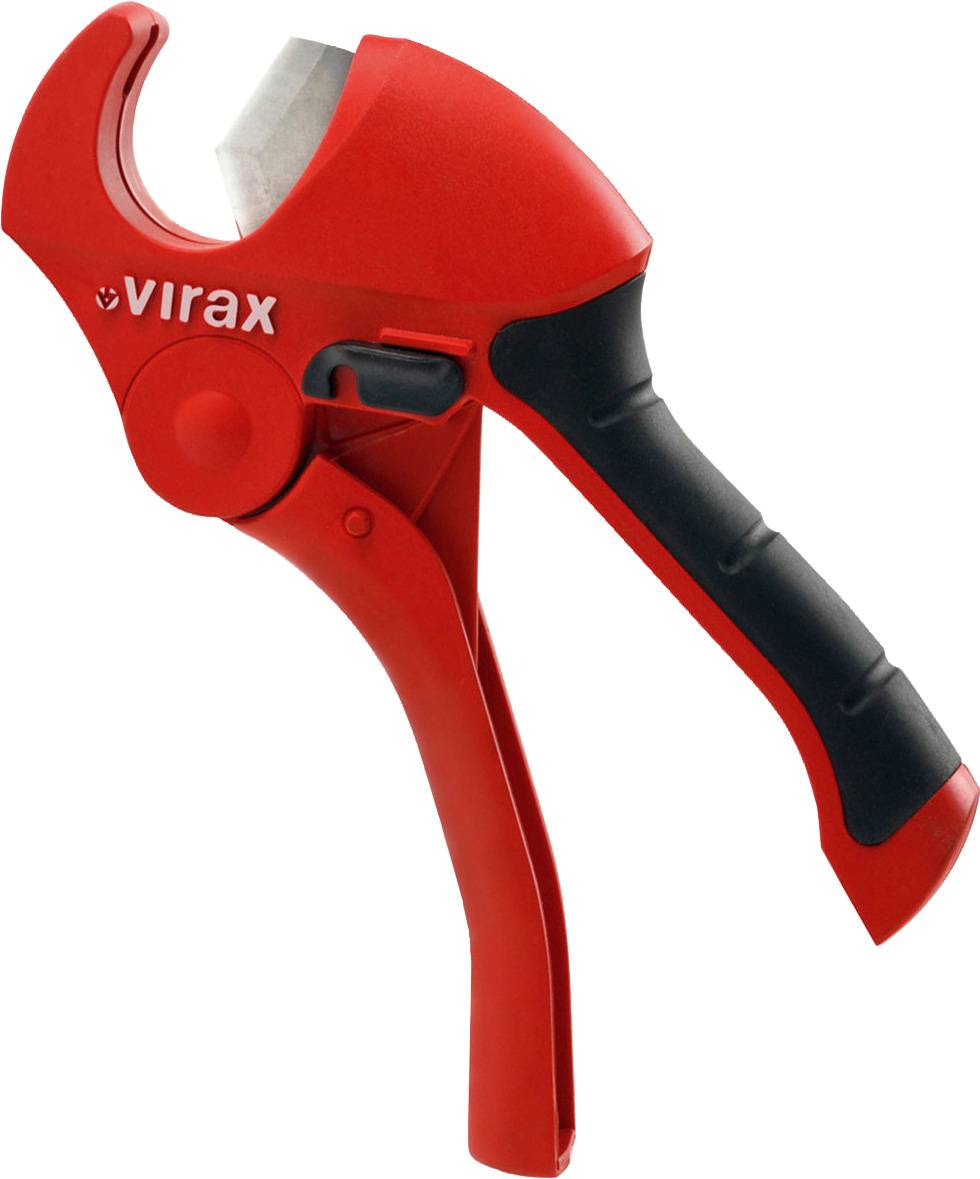 Red Virax pipe cutter with black handle and blade, shown on white background with 'SOFT TOUCH' label.
