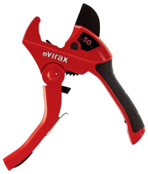 Red Virax pipe cutter with black handle and '50' marking, shown on a white background.
