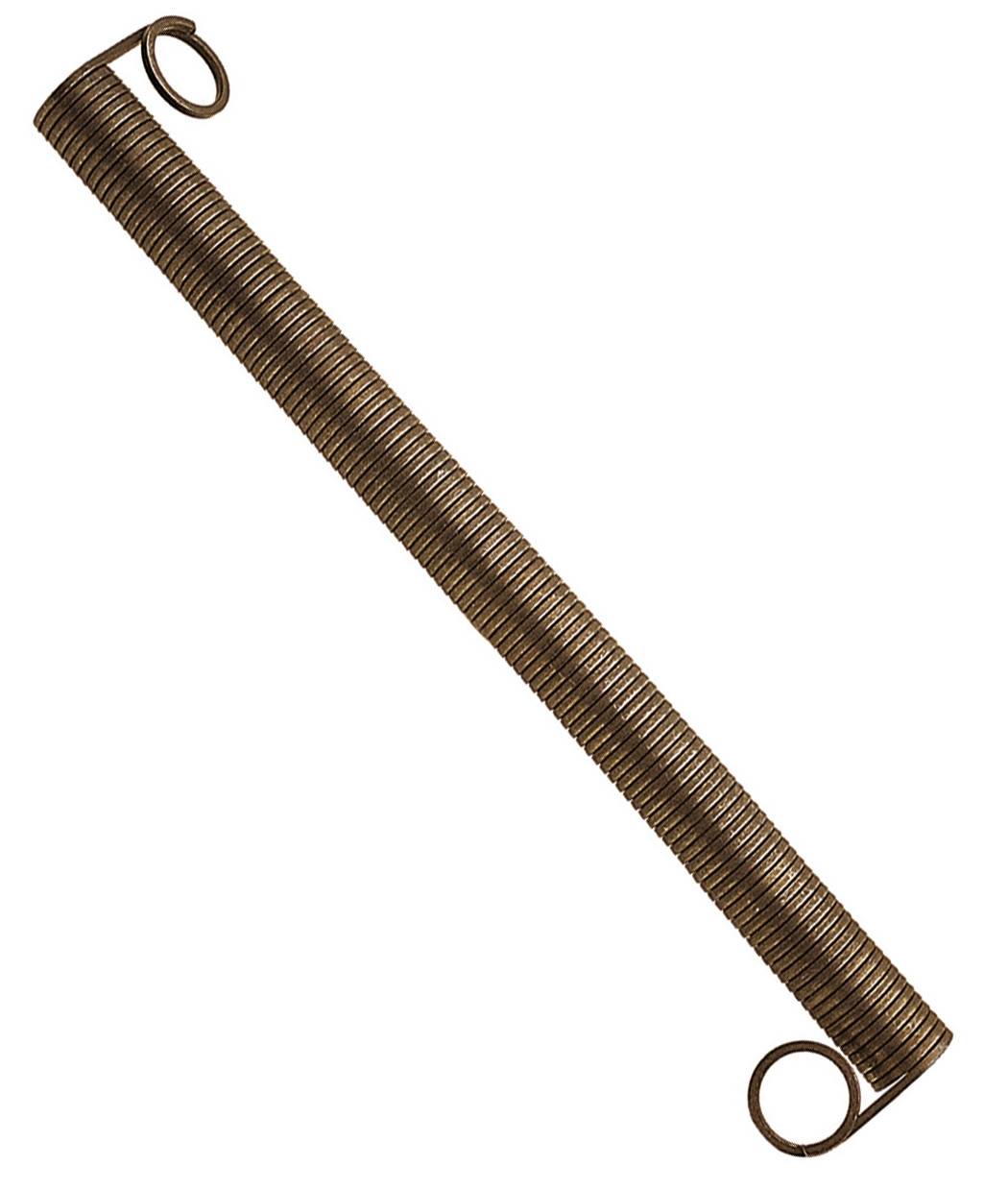 A long brown metal extension spring with loops at both ends, shown diagonally on a white background.