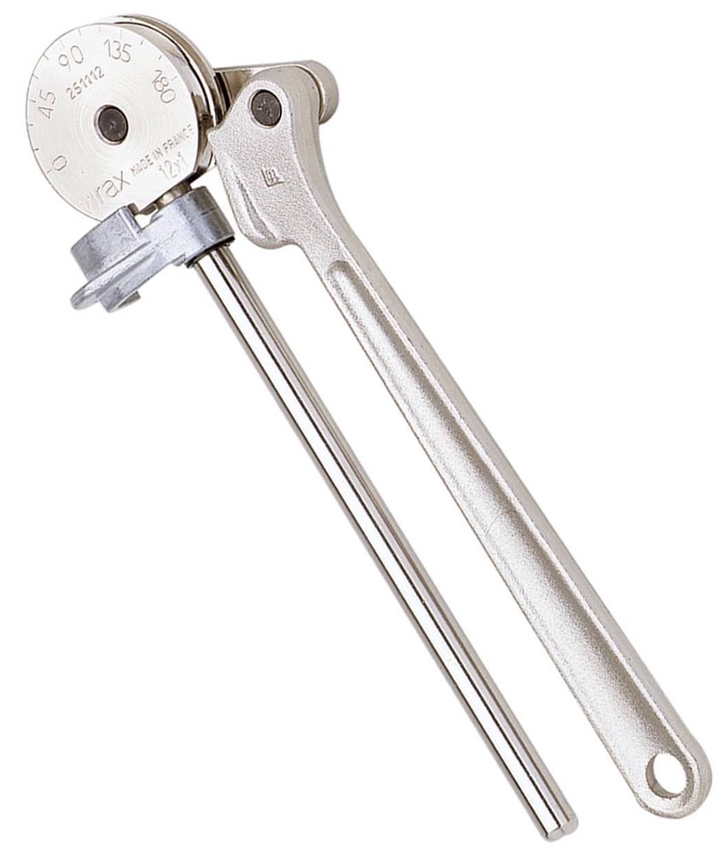 Metal angle measurement tool with a circular protractor head and long arm, used for precise angle positioning or marking.