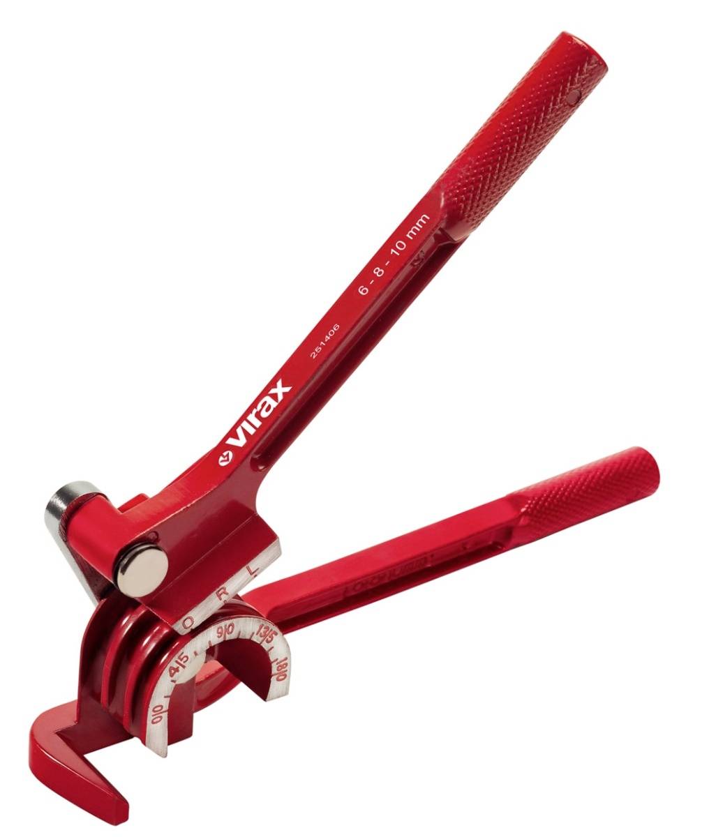 Red Virax pipe bender tool with two handles and a degree scale for bending metal or plumbing pipes.