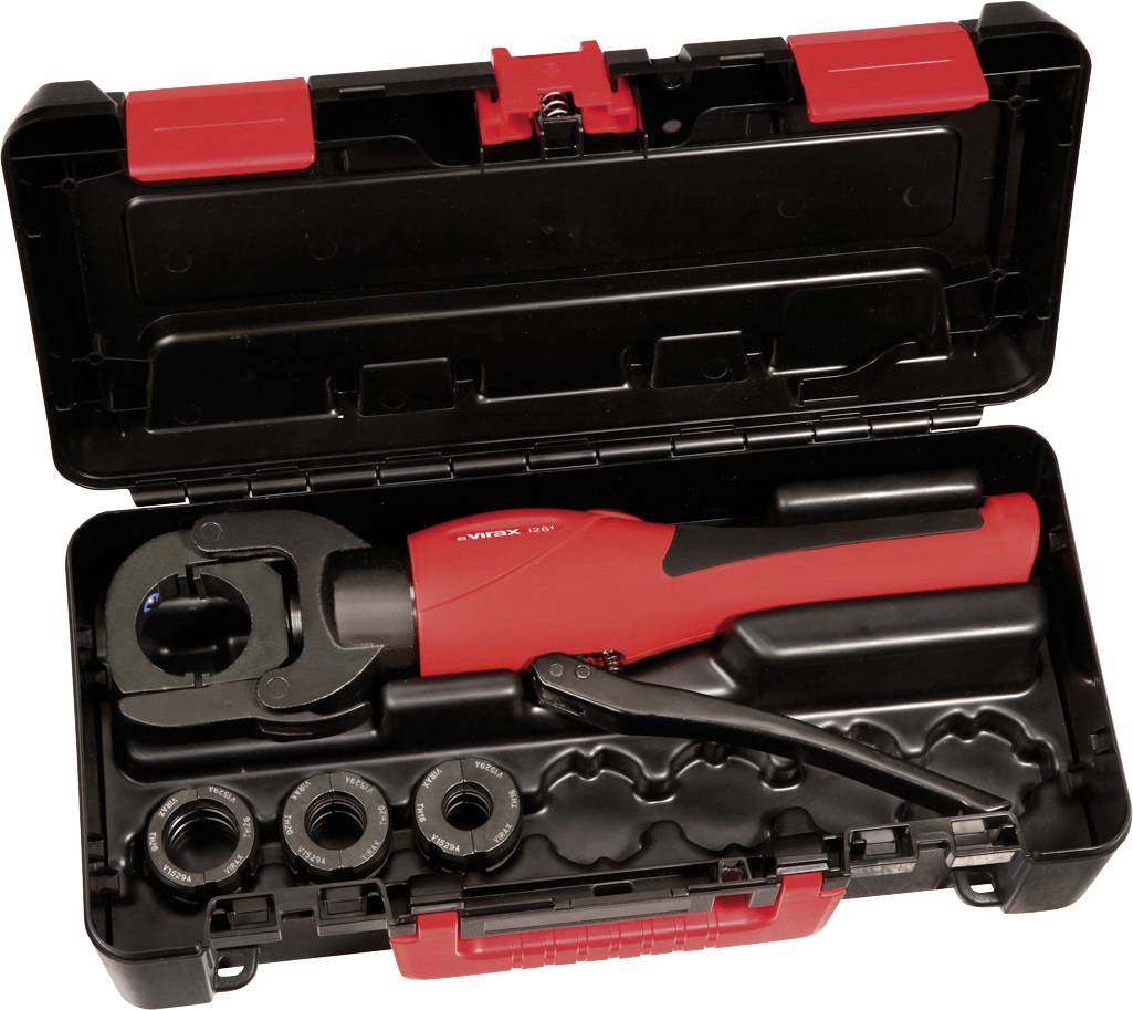 Open black carrying case with red latches containing a red hydraulic crimping tool and several circular die attachments.