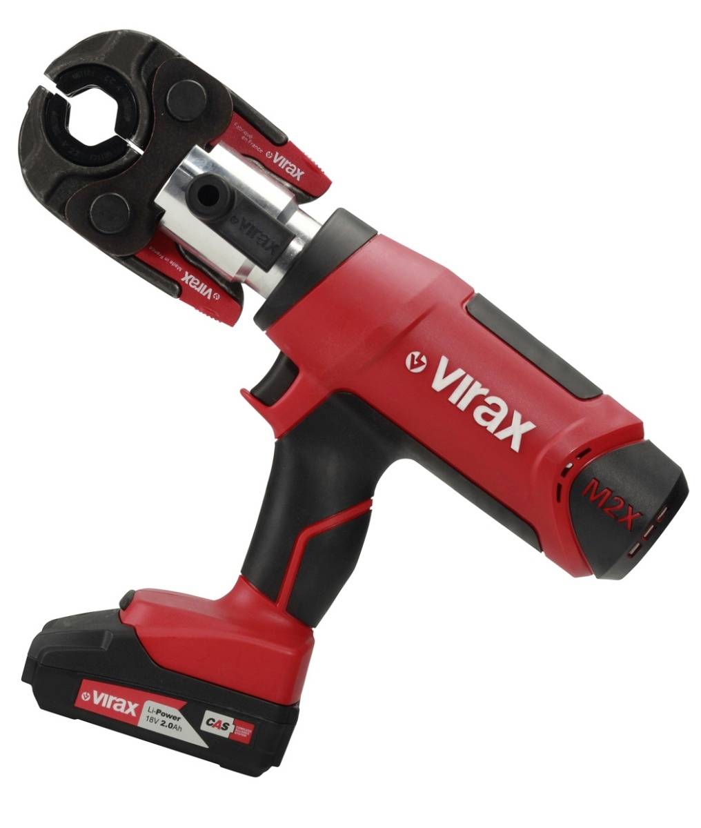 Red Virax battery-powered pipe crimping tool shown on a white background, with black jaws and handle, and an 'M2X' battery pack.